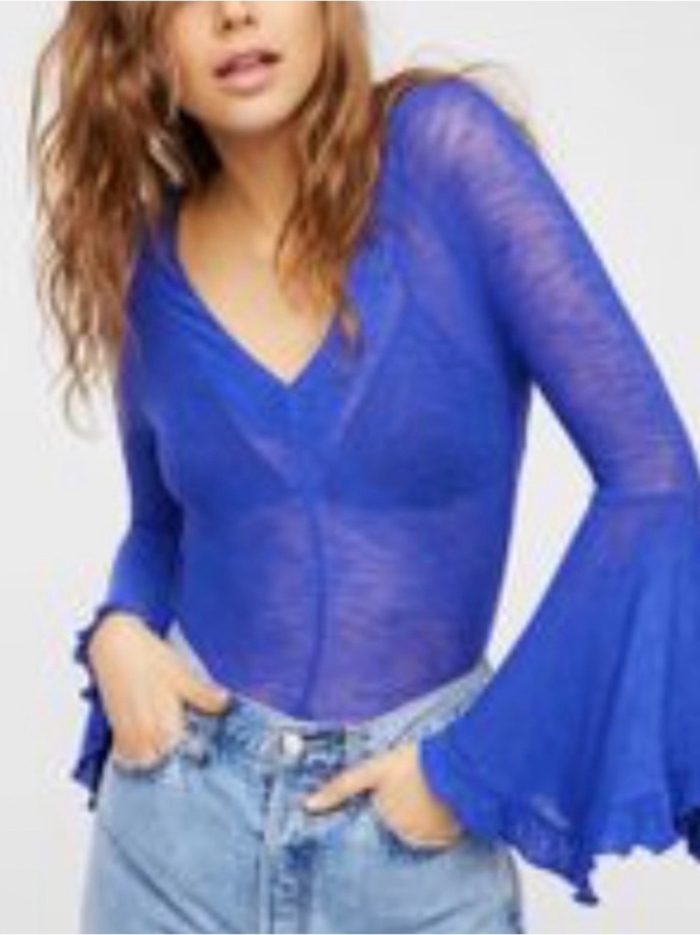 Free People Royal Blue V-Neck Bell Sleeve Top